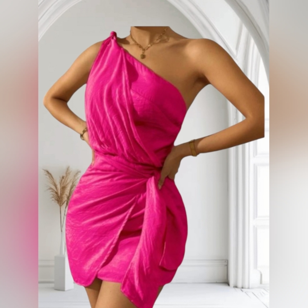 SHEIN HOT PINK ONE SHOULDER SIDE WRAP DRESS NIP/NWT